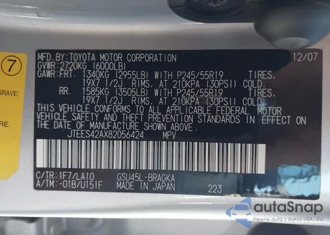 2008 Toyota Highlander Limited from USA, damaged, VIN JTEES42AX82056424